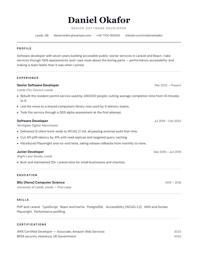 The Classic CV template, shown with sample content