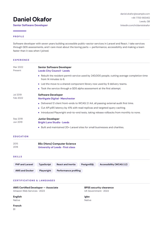 The Ledger CV template, shown with sample content