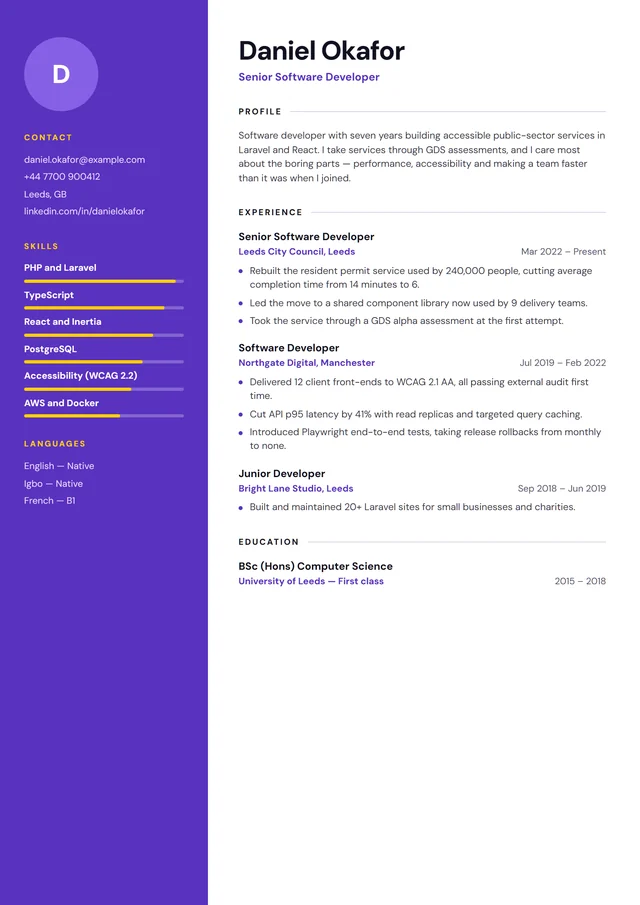 The Meridian CV template, shown with sample content