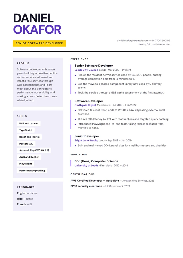The Studio CV template, shown with sample content